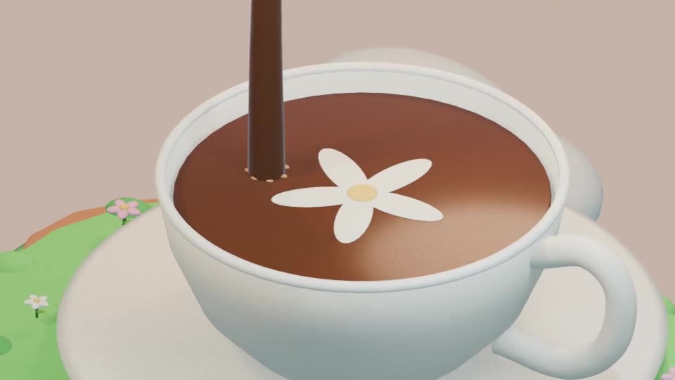 Coffee pouring into a white cup with a white flower floating on top