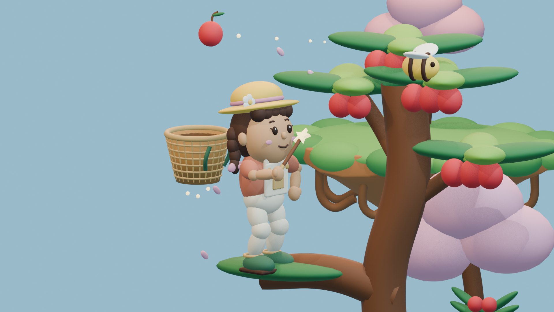 The girl in a straw hat with braids and a flower, holding a wand beside a floating basket