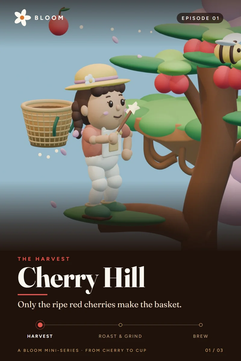 Poster for Episode 1, Cherry Hill: the girl with her magic wand and basket by the cherry tree
