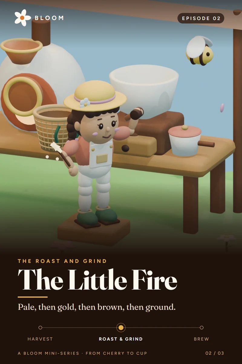 Poster for Episode 2, The Little Fire: the girl with her wand at the little mill, a bee buzzing overhead