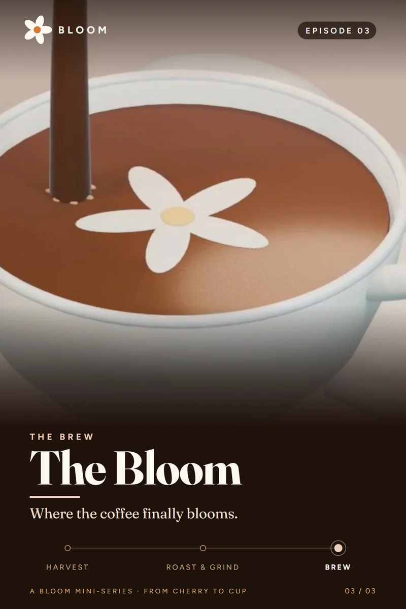 Poster for Episode 3, The Bloom: a white flower opening on a cup of coffee